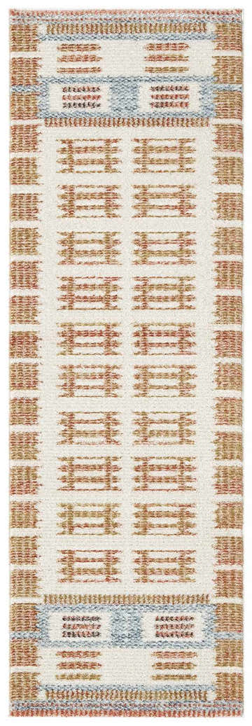 Close-up of the Nourison Nordic Ivory Rust rug, featuring a geometric pattern in chestnut and ivory. Mid-Century Modern style.