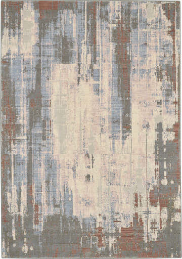 Close-up of the Nourison Artworks Multicolor rug, featuring a modern abstract design in blue, gray, cream, and terracotta.