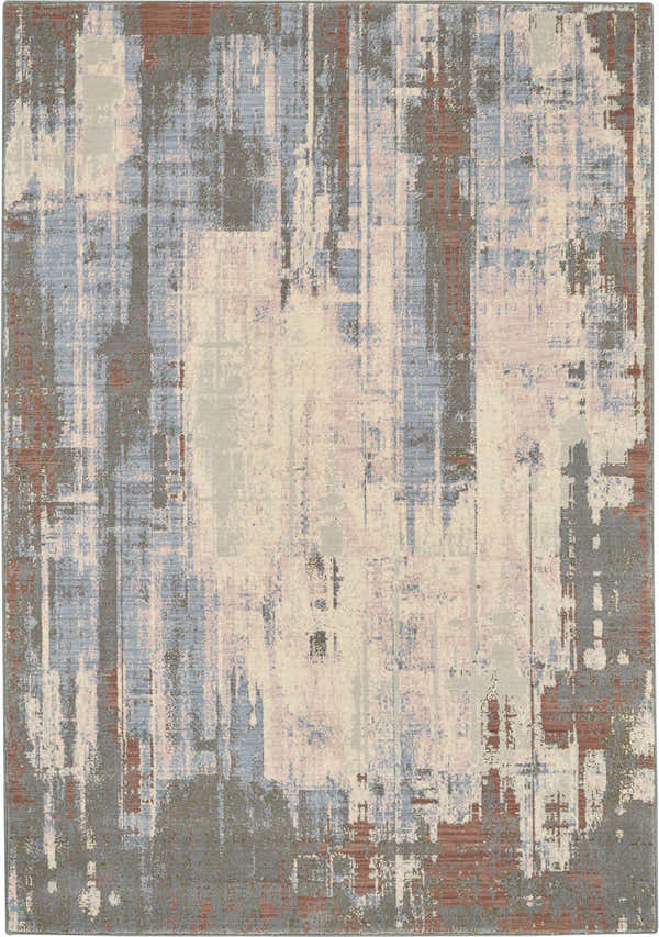 Close-up of the Nourison Artworks Multicolor rug, featuring a modern abstract design in blue, gray, cream, and terracotta.