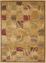 Close-up of Nourison Expressions Beige rug featuring a modern geometric pattern with squares and swirling lines.