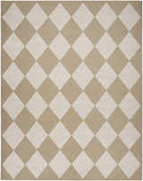 Close-up of Nourison Modern Jute rug in natural ivory with a chestnut diamond pattern. Machine-made texture.