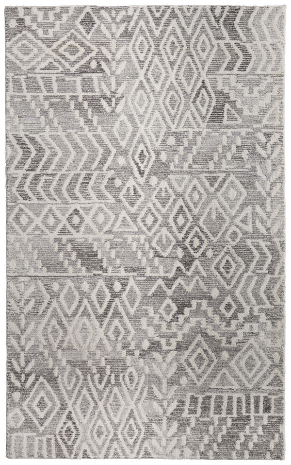 Close-up of Feizy Asher Gray and White rug. Transitional style with a distressed diamond and geometric pattern. Design-Rectangle-281