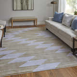 Living room scene with a Feizy Marigold rug in gold, gray, and white with a geometric design. Roomscene-Rectangle
