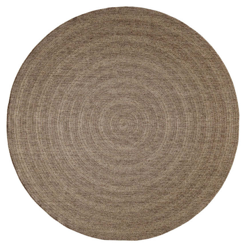 Close-up of a round Nourison Tulum Brown Outdoor Area Rug showing its woven texture and concentric circle design.