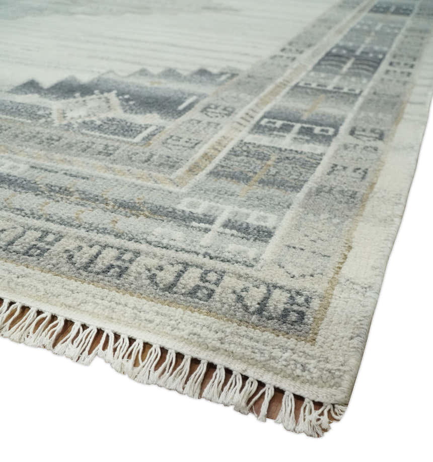 Natural Wool Hand Knotted Ivory and Gray Traditional Multi size wool Area Rug, Kids, Living Room and Bedroom Rug