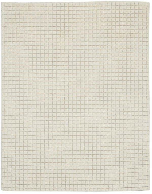 Close-up of the Calvin Klein Pretoria Ivory rug showing the handmade mohair wool texture and grid pattern.