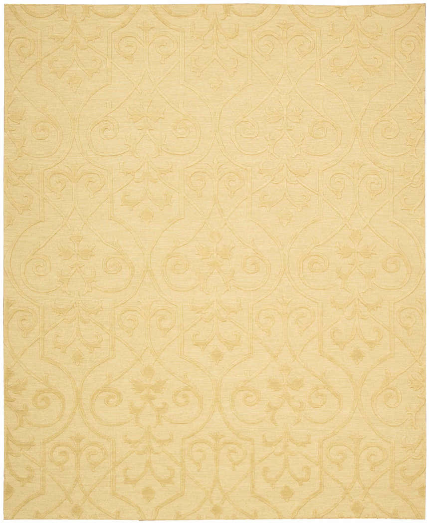 Close-up of the tan Nourison Ambrose Straw Indoor Area Rug, a handmade wool rug with a subtle floral and geometric pattern.