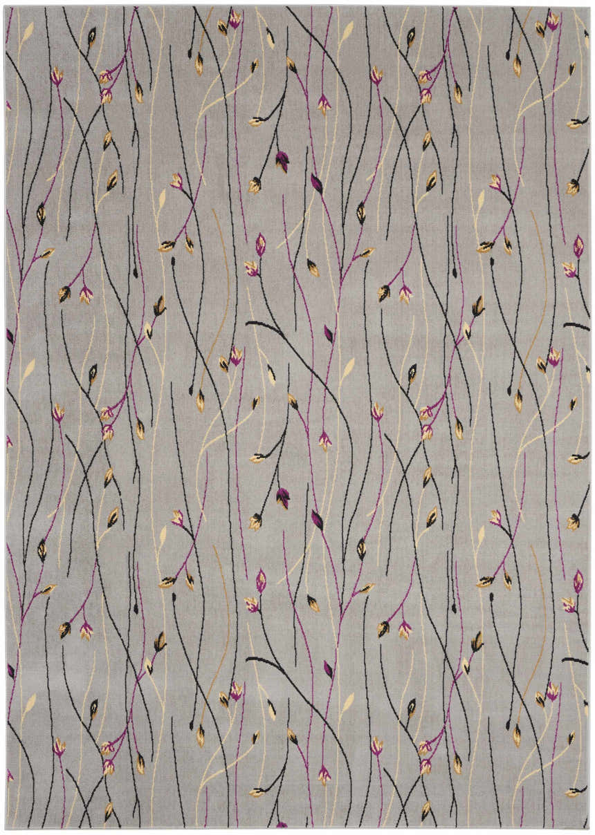 Close-up of the Nourison Grafix Grey Contemporary Indoor Area Rug with a floral branch pattern in purple, black, and gold.