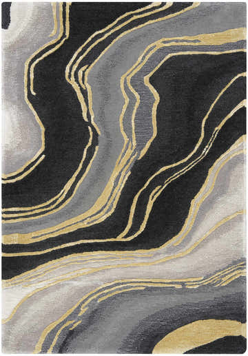 Close-up of Nourison Prismatic Charcoal Grey rug. Taupe, gray, and charcoal abstract pattern with gold accents. Handmade wool texture.