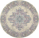 Close-up of a round Nourison Grafix Ivory Pink Vintage Area Rug featuring chestnut, pink, and blue tones.