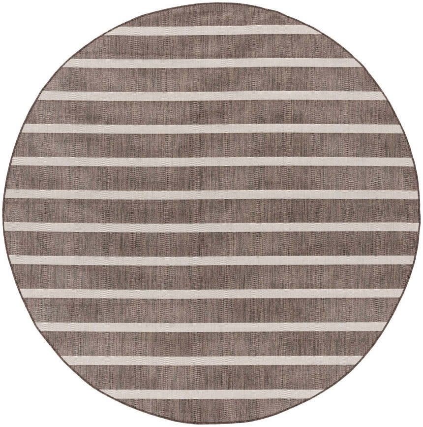 Round Nourison Positano Natural Ivory rug with chestnut brown stripes. Modern style.