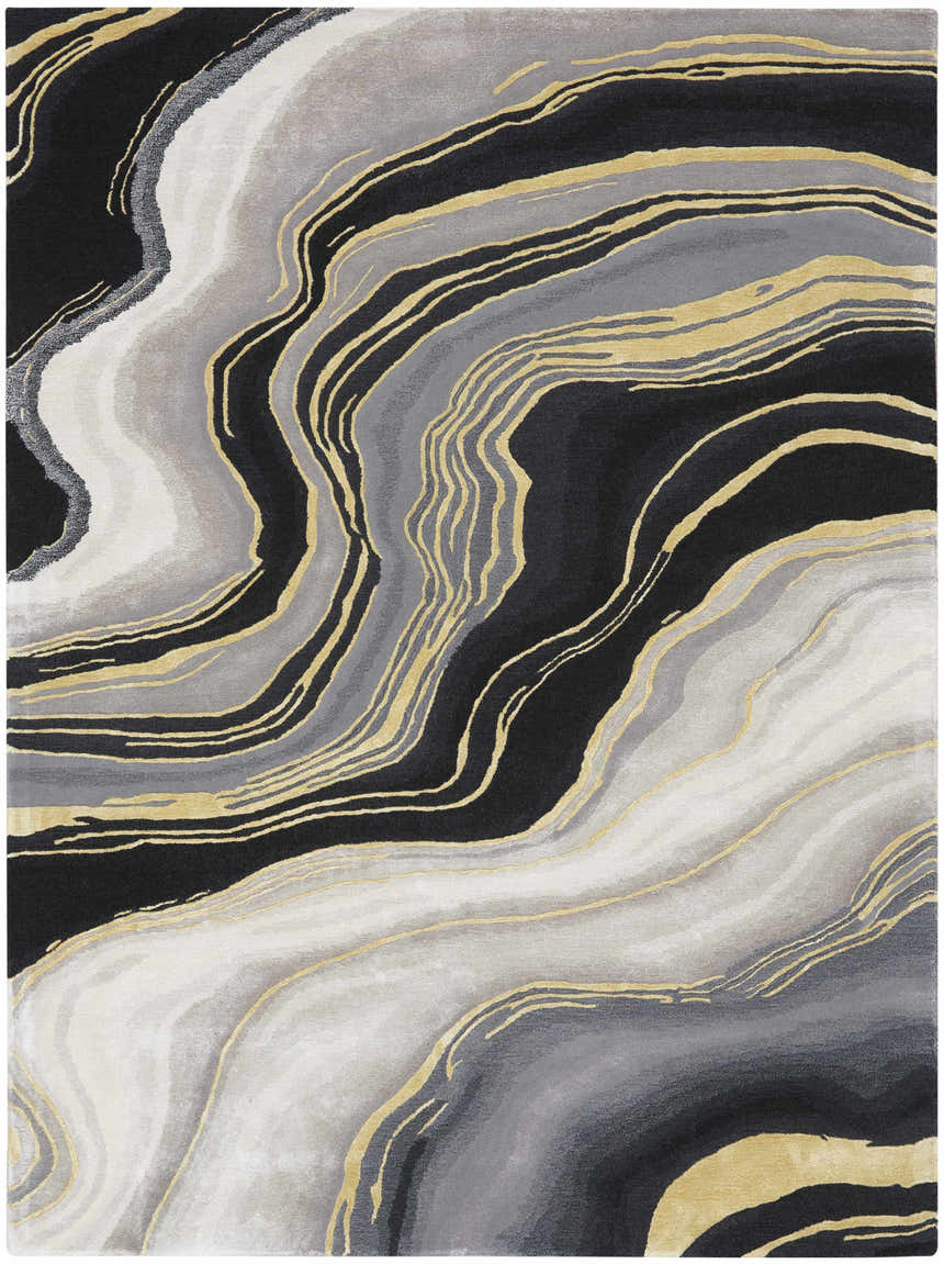 Nourison Prismatic Charcoal Grey Rug with taupe accents. Modern area rug with abstract, flowing lines and a soft texture.