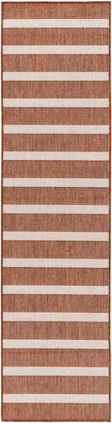Close-up of the Nourison Positano Terracotta Ivory rug, featuring a striped pattern and woven texture.