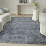 Modern living room with curved sofas and Nourison OCEAN Indigo Area Rug.