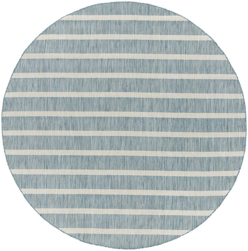 Round Nourison Positano Aqua Ivory rug with a modern striped pattern. Close-up shows texture.