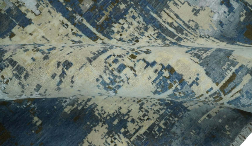9x12 Fine Hand Knotted Beige and Blue Modern Abstract Style Antique Wool and Silk Area Rug | AGR31