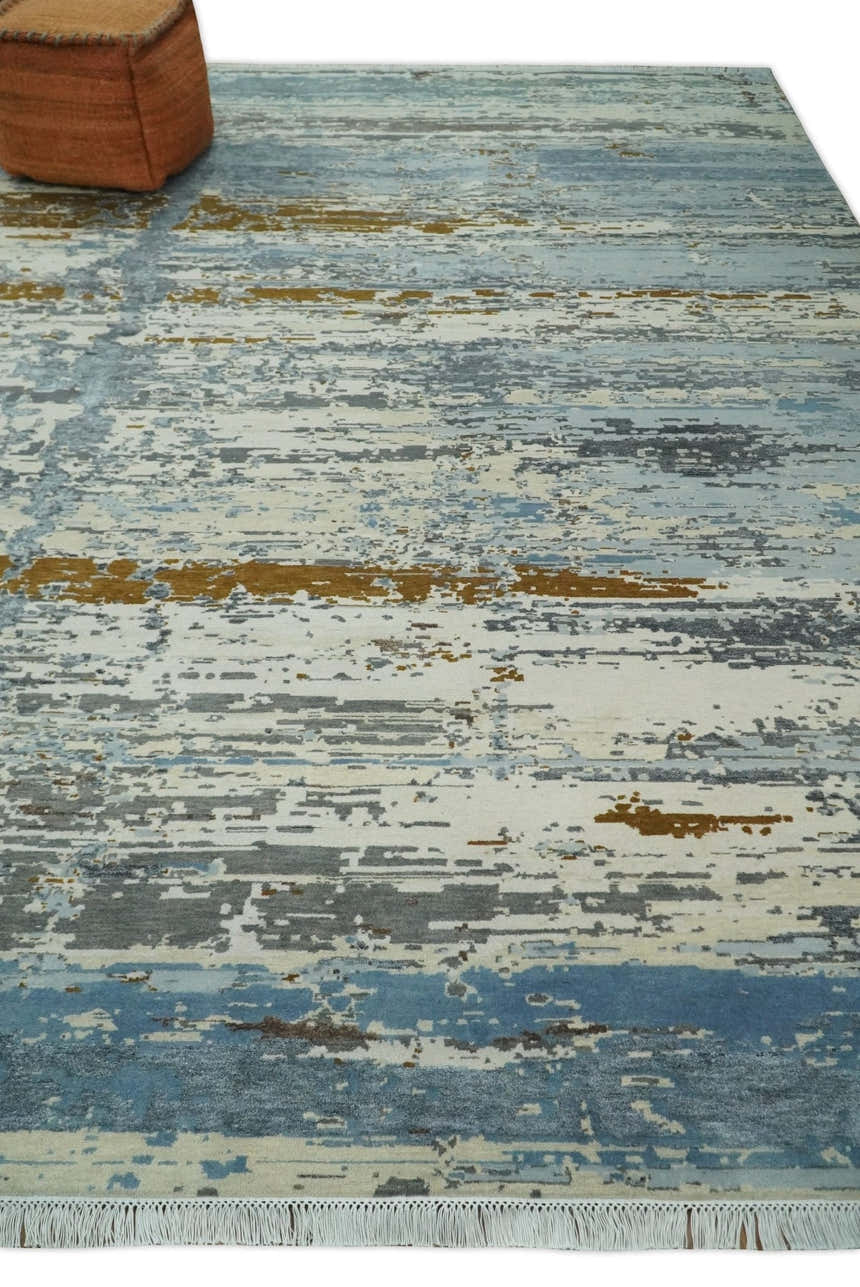 9x12 Fine Hand Knotted Ivory and Blue Modern Abstract Style Antique Wool and Silk Area Rug | AGR22