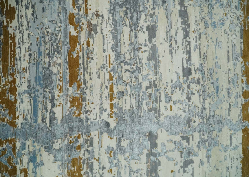 9x12 Fine Hand Knotted Ivory and Blue Modern Abstract Style Antique Wool and Silk Area Rug | AGR22