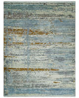 9x12 Fine Hand Knotted Ivory and Blue Modern Abstract Style Antique Wool and Silk Area Rug | AGR22