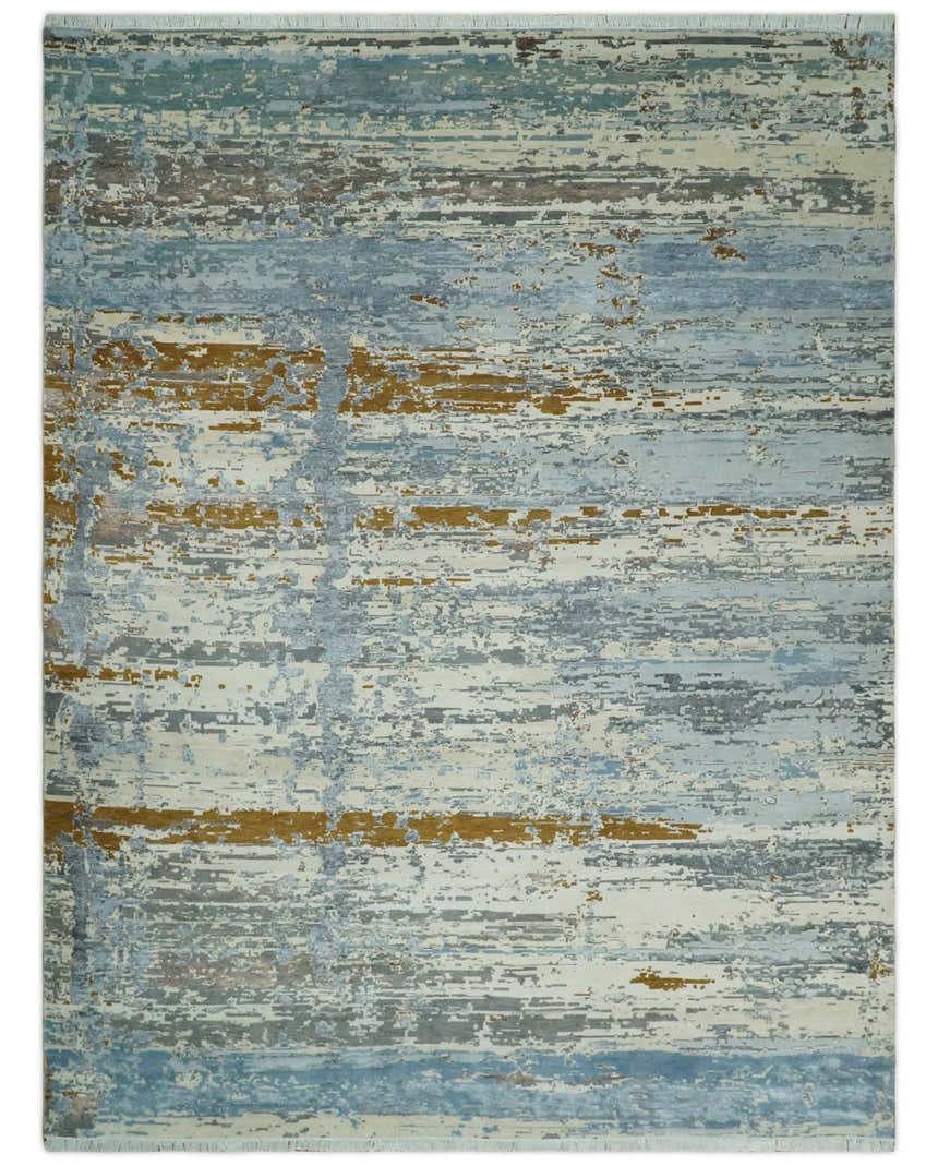 9x12 Fine Hand Knotted Ivory and Blue Modern Abstract Style Antique Wool and Silk Area Rug | AGR22
