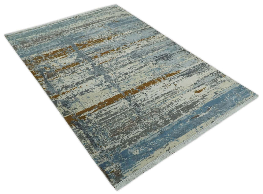 9x12 Fine Hand Knotted Ivory and Blue Modern Abstract Style Antique Wool and Silk Area Rug | AGR22