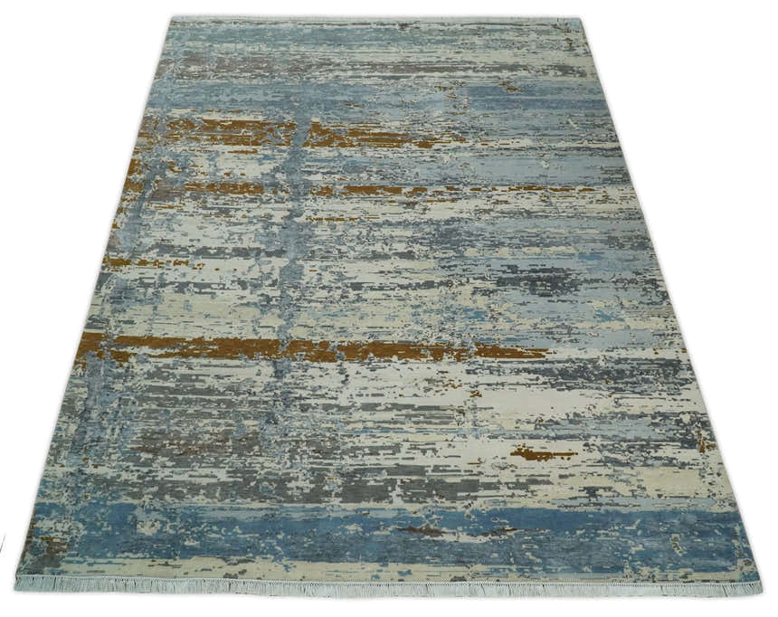 9x12 Fine Hand Knotted Ivory and Blue Modern Abstract Style Antique Wool and Silk Area Rug | AGR22