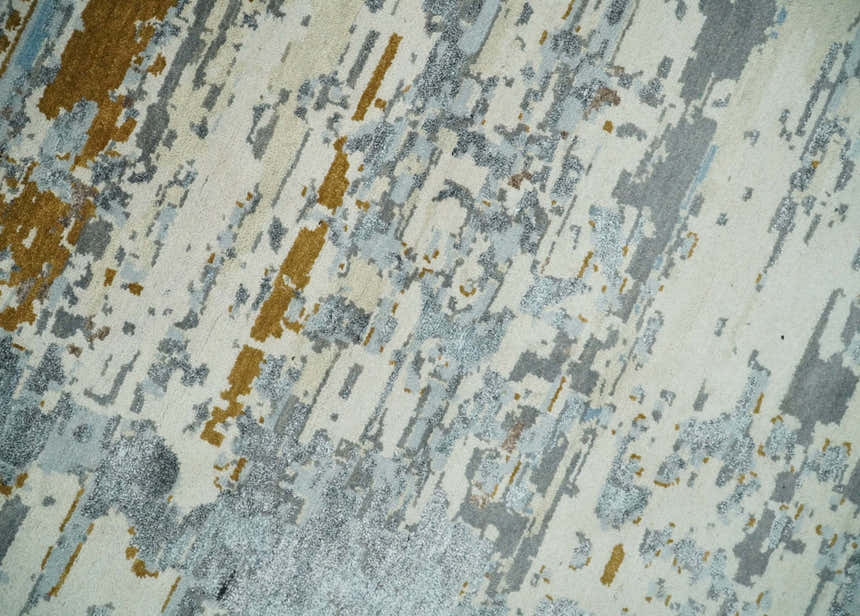 9x12 Fine Hand Knotted Ivory and Blue Modern Abstract Style Antique Wool and Silk Area Rug | AGR22