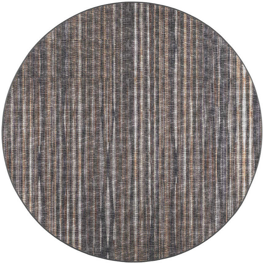 Close-up of round Dalyn Amador AA1 Fudge Area Rug. Features brown, caramel, and taupe vertical stripes.