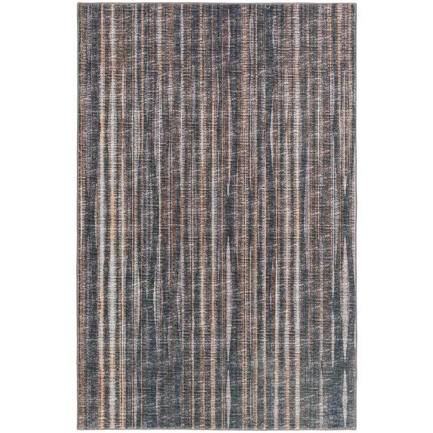 Close-up of the Dalyn Indoor/Outdoor Amador AA1 Fudge Area Rug. Features vertical stripes in brown, taupe, and light brown hues.
