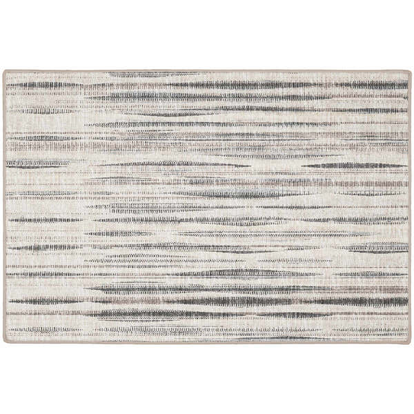 Close-up of the Dalyn Amador AA1 Ivory Area Rug, featuring a textured, horizontal striped pattern in beige, brown, and ivory tones.