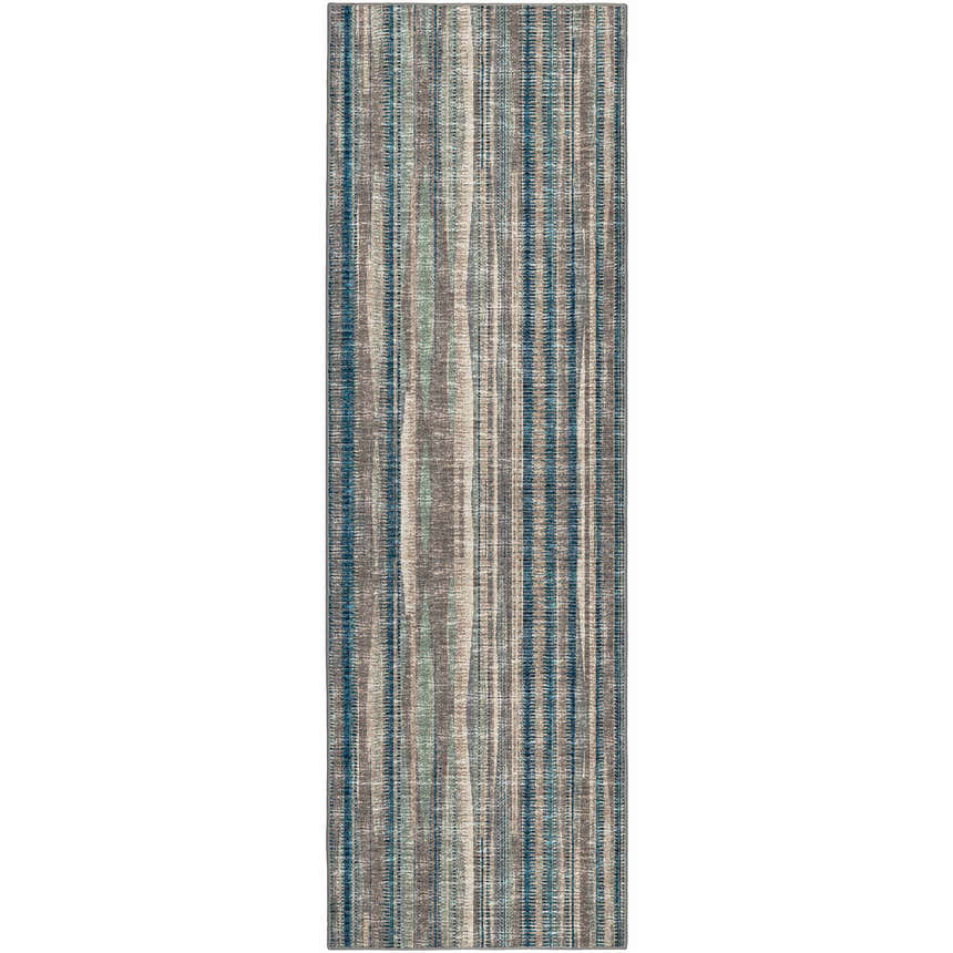 Close-up of the Dalyn Amador AA1 Mushroom Area Rug with vertical stripes in beige, brown, light brown, and navy.