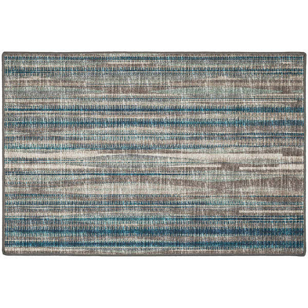 Close-up of the Dalyn Indoor/Outdoor Amador AA1 Mushroom Area Rug. Features beige, brown, and blue horizontal stripes.
