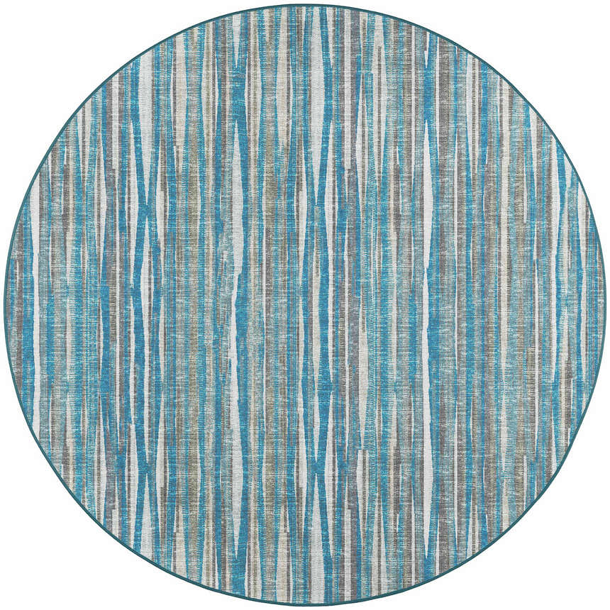 Close-up of round Dalyn Amador AA1 Sky Area Rug. Features vertical stripes in sky blue, taupe, and ivory.