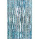 Close-up of the Dalyn Indoor/Outdoor Amador AA1 Sky Area Rug featuring a blue, ivory, and taupe vertical stripe design.