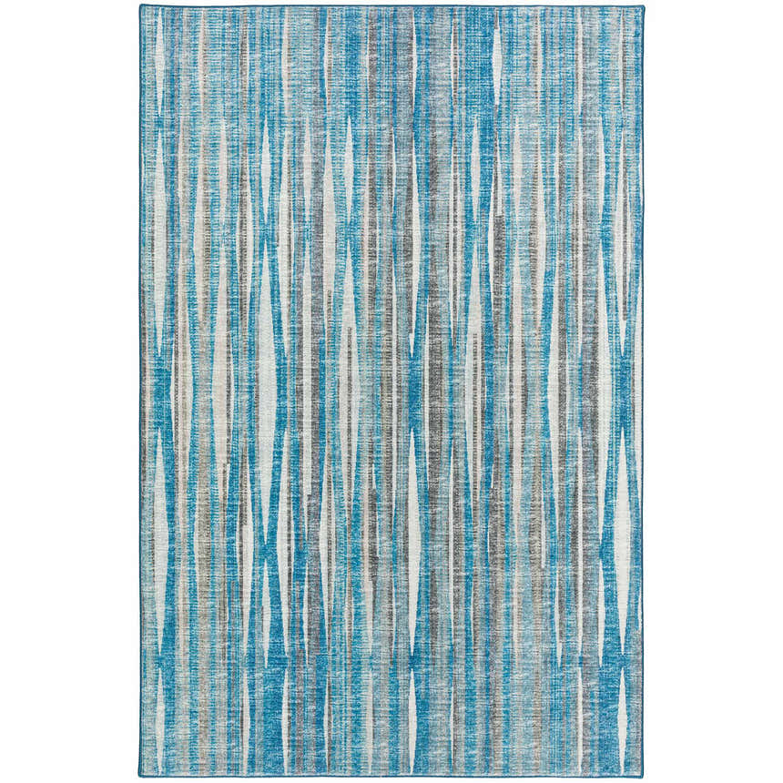 Close-up of the Dalyn Indoor/Outdoor Amador AA1 Sky Area Rug featuring a blue, ivory, and taupe vertical stripe design.