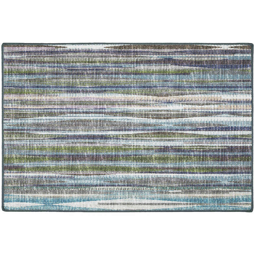 Close-up of Dalyn Indoor/Outdoor Amador AA1 Violet Area Rug. Features stripes in chestnut, green, ivory, purple, and navy.