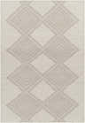 Close-up of Aanislag Cream Wool Rug featuring a geometric diamond pattern in cream and gray tones. Hand woven texture. Design-Rectangle