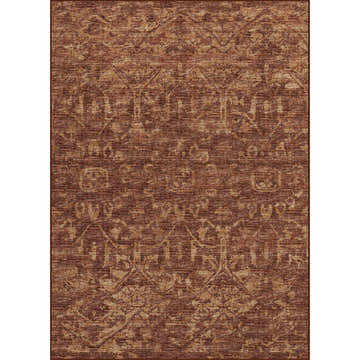 Close-up of Dalyn Aberdeen AB1 Canyon rug. Traditional design in canyon, orange, and taupe hues. Washable, non-skid rug.