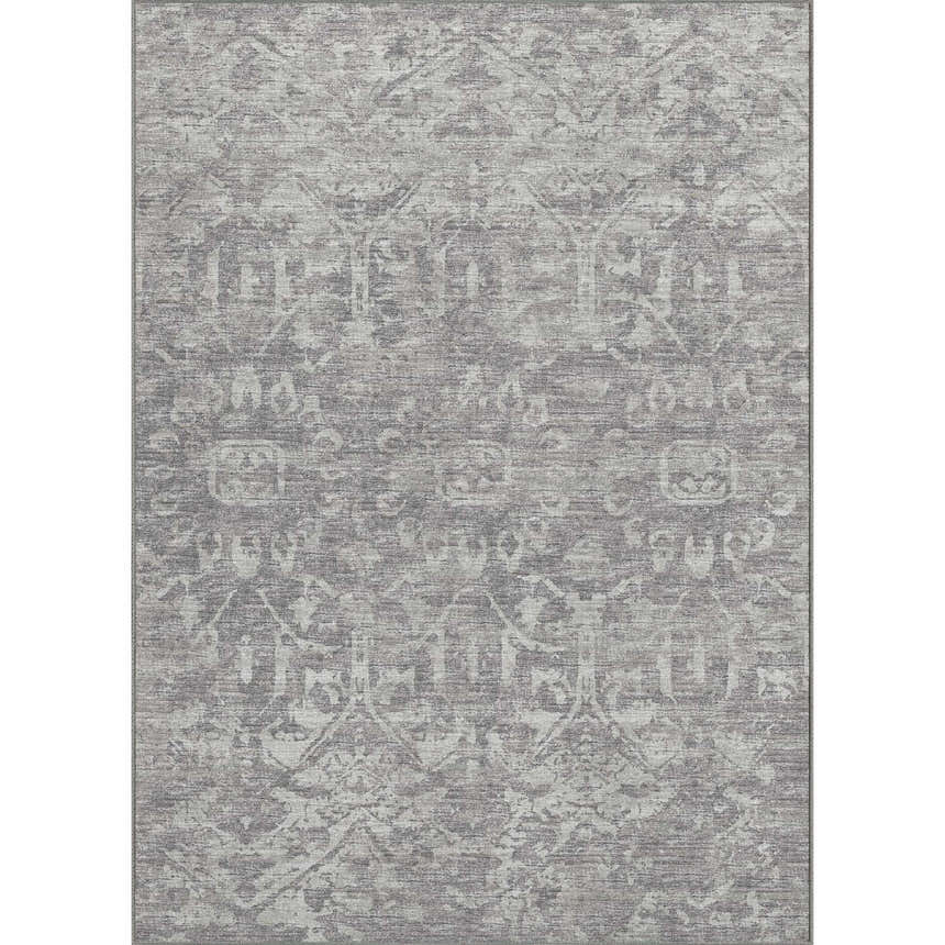 Close-up of the Dalyn Aberdeen AB1 Flannel Washable Area Rug. Gray, taupe, and flannel shades with a traditional pattern.