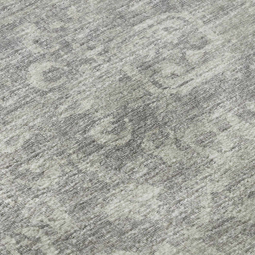 Close-up of Dalyn Aberdeen AB1 Flannel Washable Area Rug. Gray and taupe tones with a subtle traditional pattern.