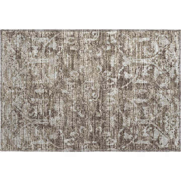 Close-up of Dalyn Aberdeen AB1 Fudge Washable Area Rug. Features a traditional, distressed pattern in fudge, taupe, and shades of brown.
