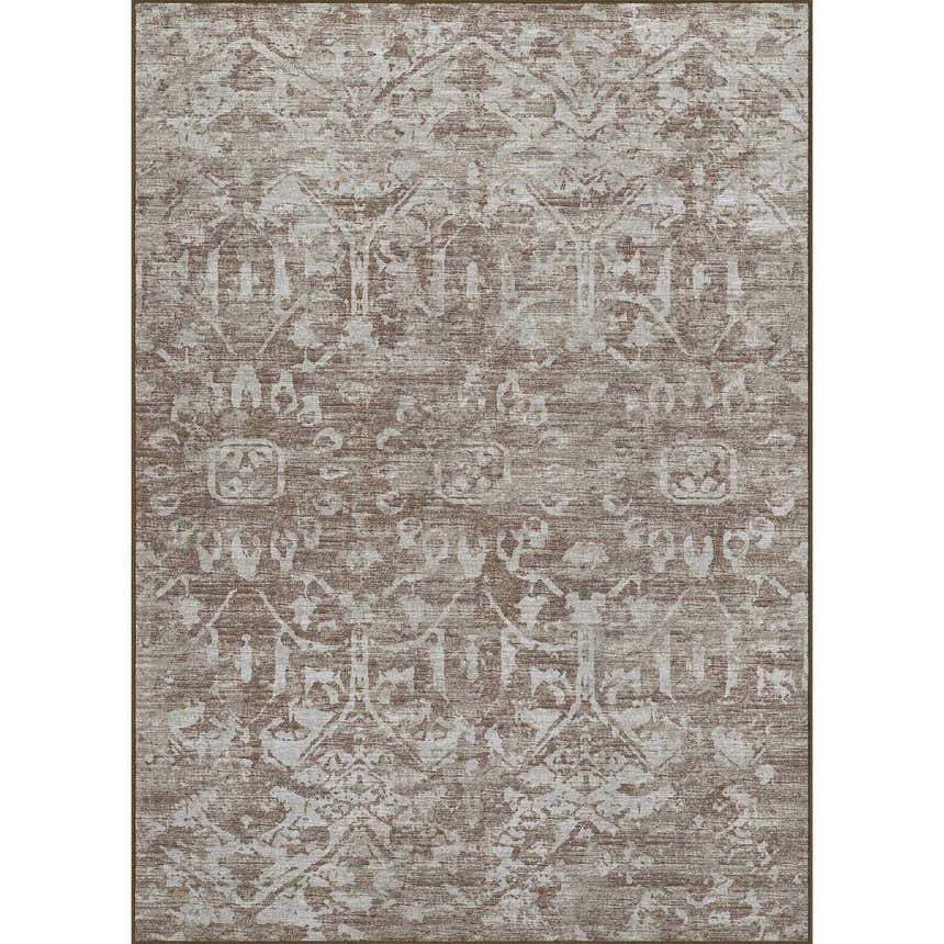 Close-up of the Dalyn Aberdeen AB1 Mushroom Washable Area Rug, featuring a traditional beige and taupe pattern.