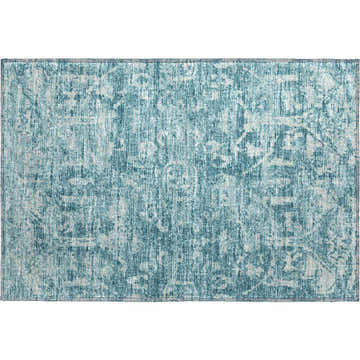 Close-up of the Dalyn Aberdeen AB1 Seaside Washable Area Rug. Features shades of blue, taupe, and a traditional pattern.