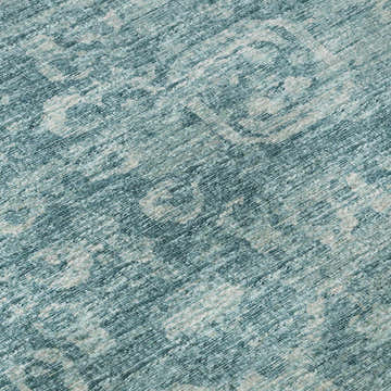 Close-up of Dalyn Aberdeen AB1 Seaside rug. Machine-made, shades of blue and taupe, farmhouse style.