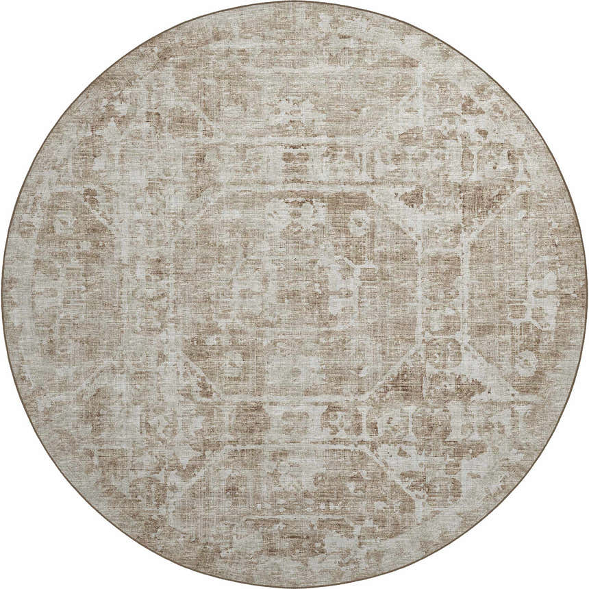 Close-up of round Dalyn Aberdeen AB2 Driftwood rug. Farmhouse style, gray, ivory, and taupe traditional pattern.