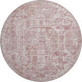 Close-up of round Dalyn Aberdeen AB2 Rose Washable Area Rug. Pink and taupe farmhouse style rug with traditional pattern.