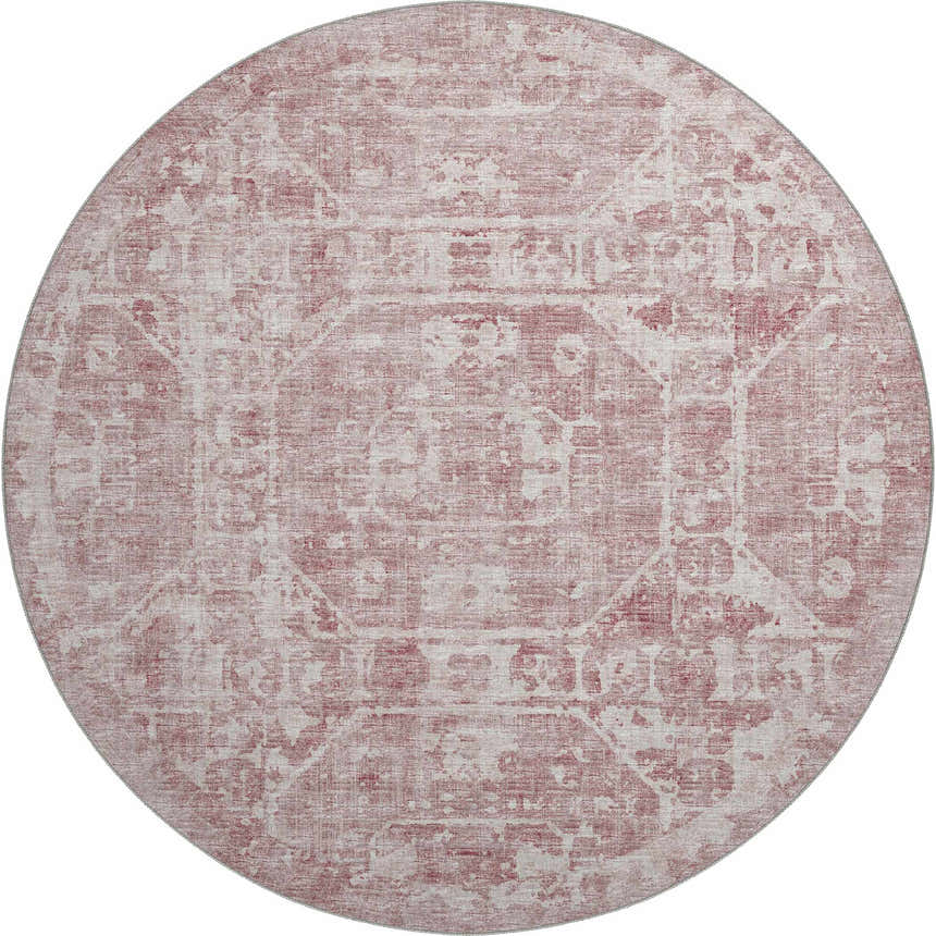 Close-up of round Dalyn Aberdeen AB2 Rose Washable Area Rug. Pink and taupe farmhouse style rug with traditional pattern.