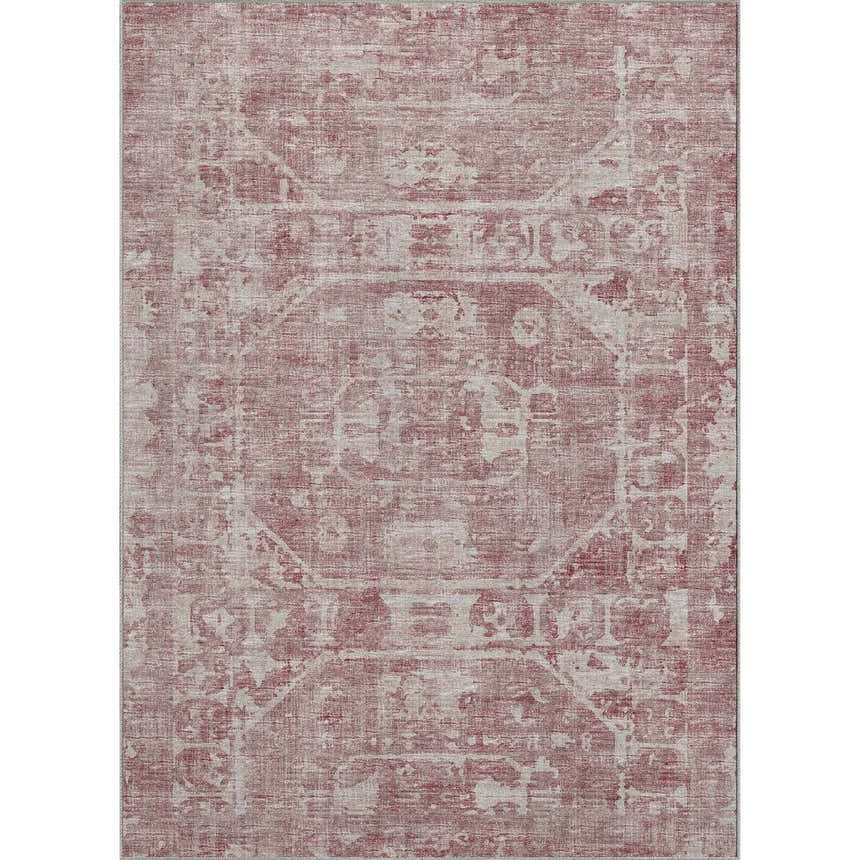 Close-up of the Dalyn Aberdeen AB2 Rose Washable Area Rug. Pink and taupe farmhouse style rug with a traditional design.