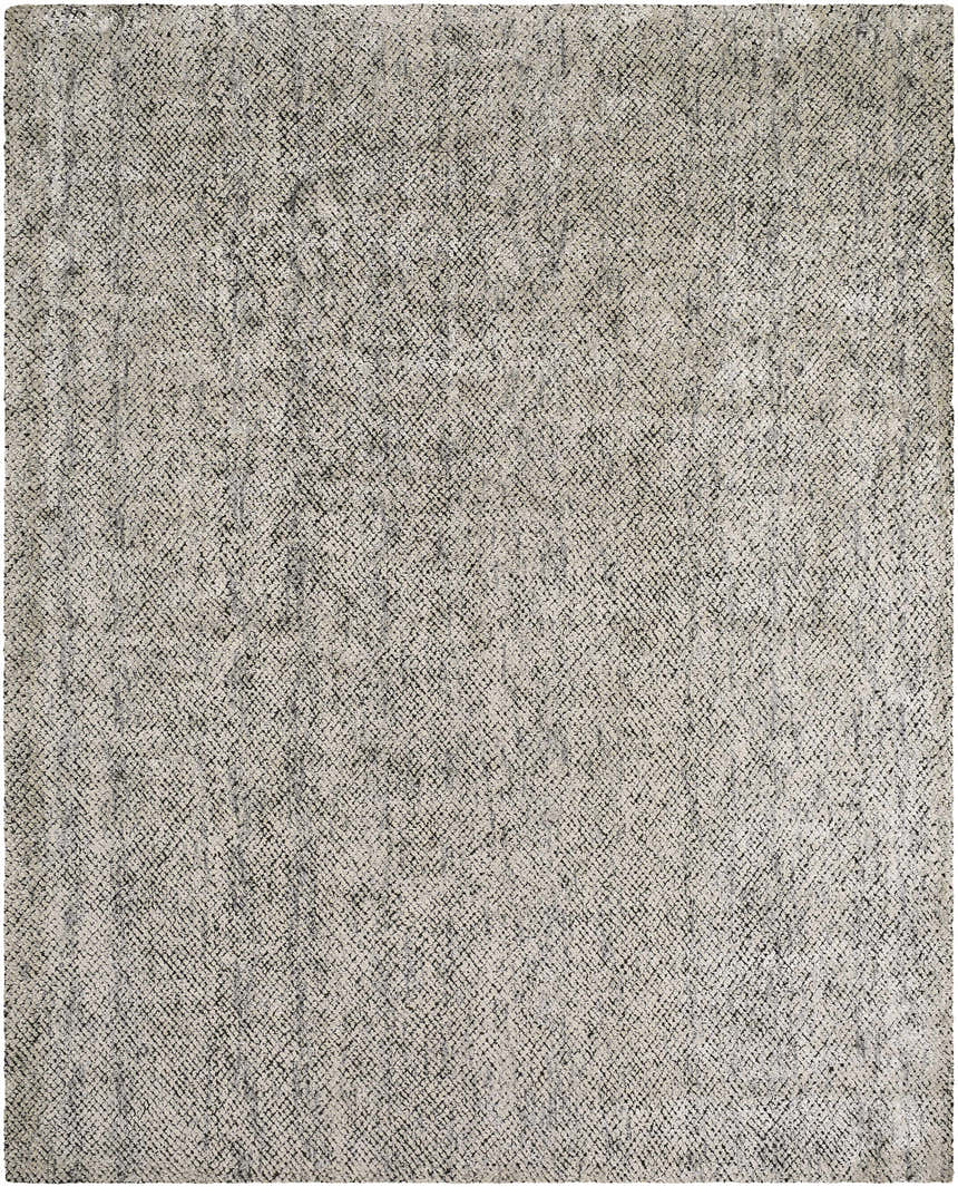 Close-up of the hand-loomed Abiba Area Rug. Beige and black wool and viscose rug with a subtle textured pattern. Design-Rectangle-810