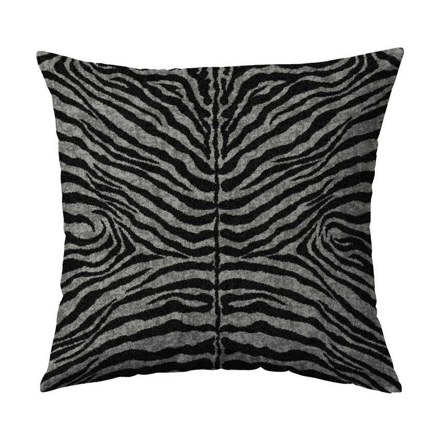 Close-up of the Dalyn Machine Akina AK1 Midnight Washable Area Rug; black and taupe zebra-like pattern.